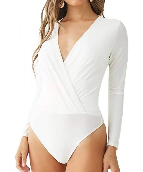 Shapewear Women's Long Sleeve Bodysuit Surplice Ruched Plunge V Neck Stretchy Jumpsuit Leotards - White - C018XO5OON5