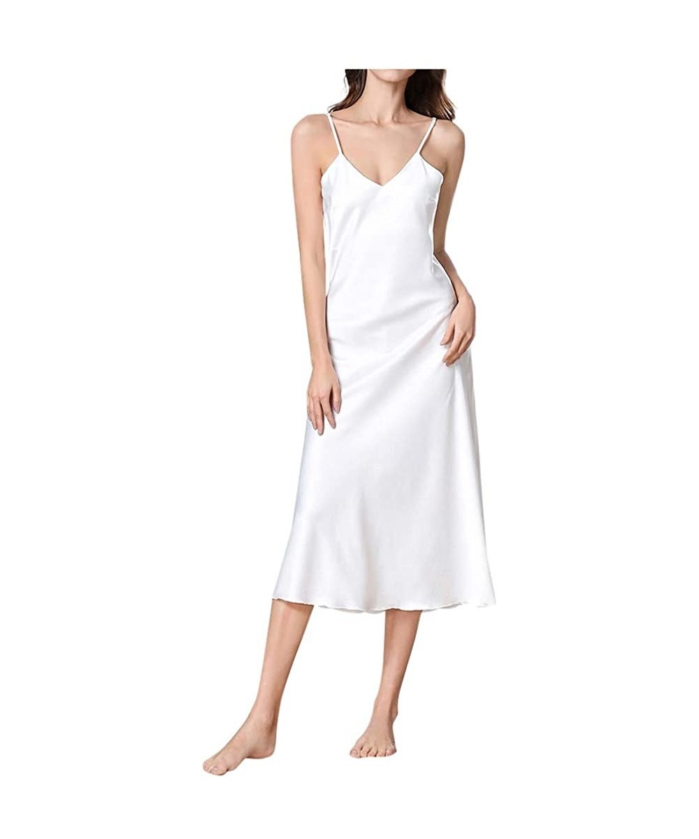 Nightgowns & Sleepshirts Women Ladies Sexy V-Neck Imitated Silk Suspender Nightdress Spaghetti Straps Midi Sleepwear - White ...