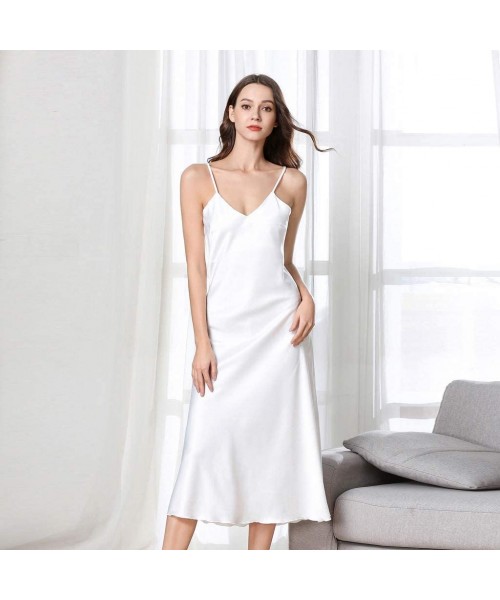 Nightgowns & Sleepshirts Women Ladies Sexy V-Neck Imitated Silk Suspender Nightdress Spaghetti Straps Midi Sleepwear - White ...