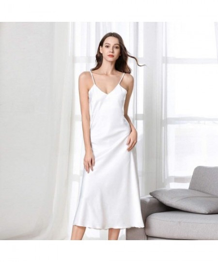 Nightgowns & Sleepshirts Women Ladies Sexy V-Neck Imitated Silk Suspender Nightdress Spaghetti Straps Midi Sleepwear - White ...