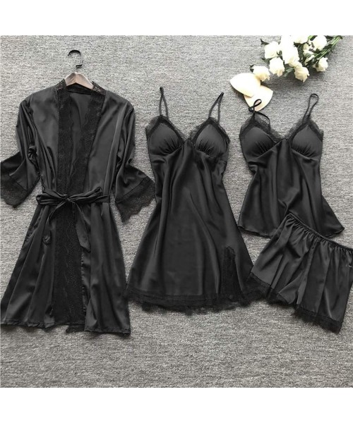 Slips Sexy Pajamas Set for Women Silky Sleepwear Sets Silk Satins Lace Strap Nightdress Robe Shorts & Cami Nightwear Home Wea...