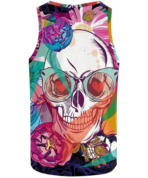 Undershirts Men's Muscle Gym Workout Training Sleeveless Tank Top Mexican Skull and Flowers - Multi8 - CG19DLOSAIK