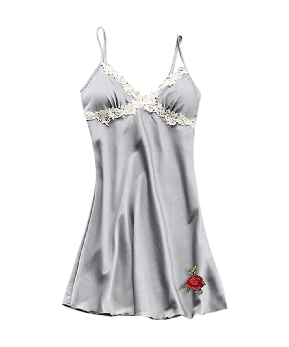 Nightgowns & Sleepshirts Sexy Lace Patchwork Nightdress for Women Sling Camisole Nightgown Sleepwear Padded Nightie - Gray - ...