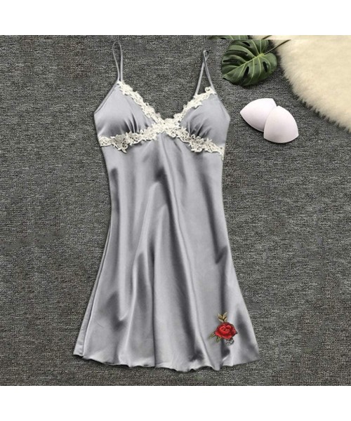 Nightgowns & Sleepshirts Sexy Lace Patchwork Nightdress for Women Sling Camisole Nightgown Sleepwear Padded Nightie - Gray - ...