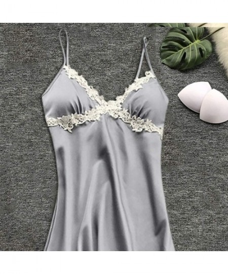 Nightgowns & Sleepshirts Sexy Lace Patchwork Nightdress for Women Sling Camisole Nightgown Sleepwear Padded Nightie - Gray - ...