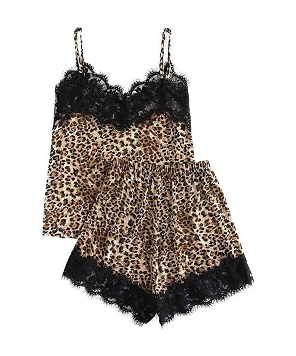 Sets Fashion Girls Cute Lace Leopard Print Strap Underwear and Shorts Pajama Set Lingerie Sleepwear - Gold - CW18OXHW6ZC