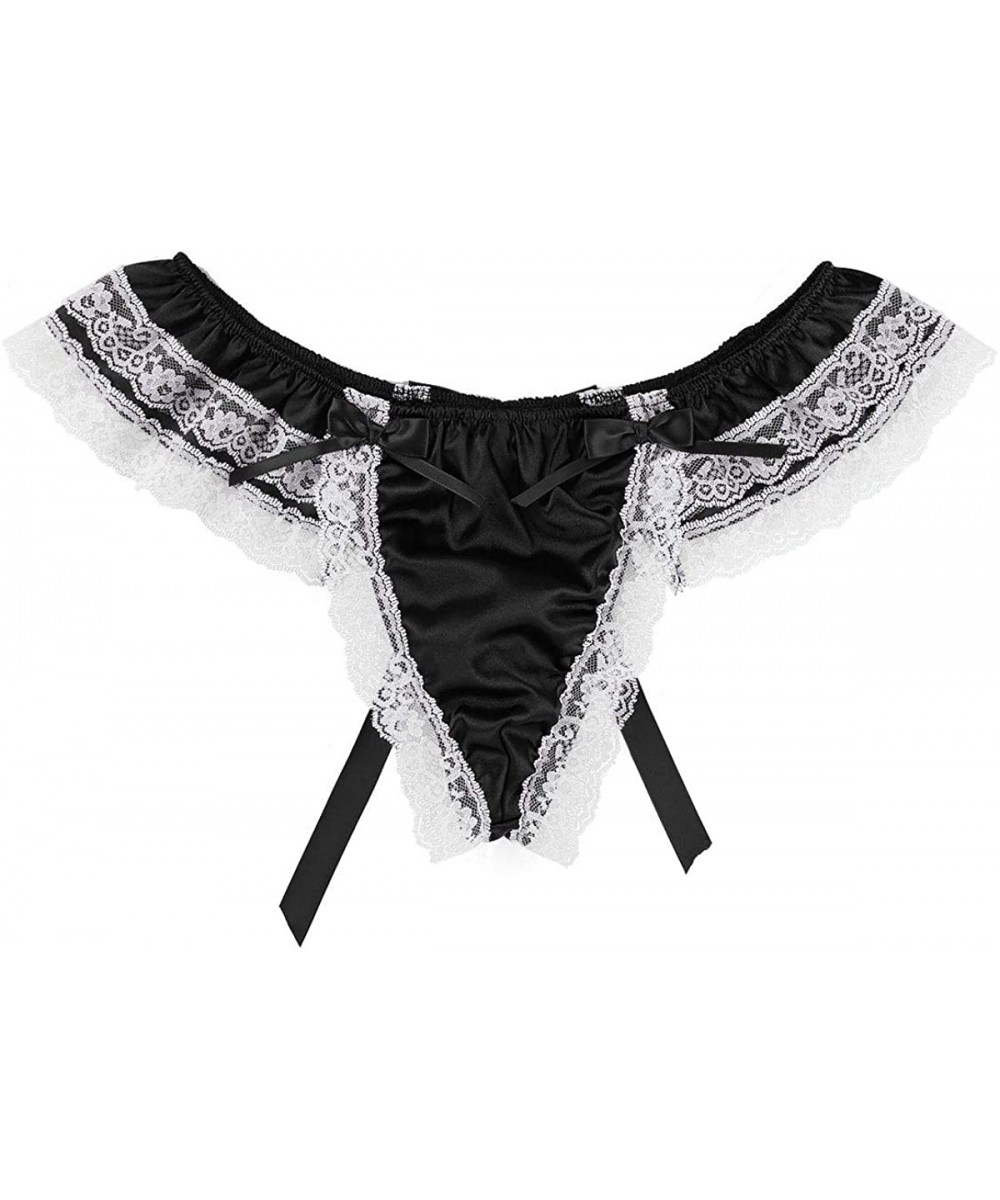 G-Strings & Thongs Men Lace Sissy Satin Panties Lace Frilly Skirted Thong Low Rise Underwear - Black - CC18S396ZR7