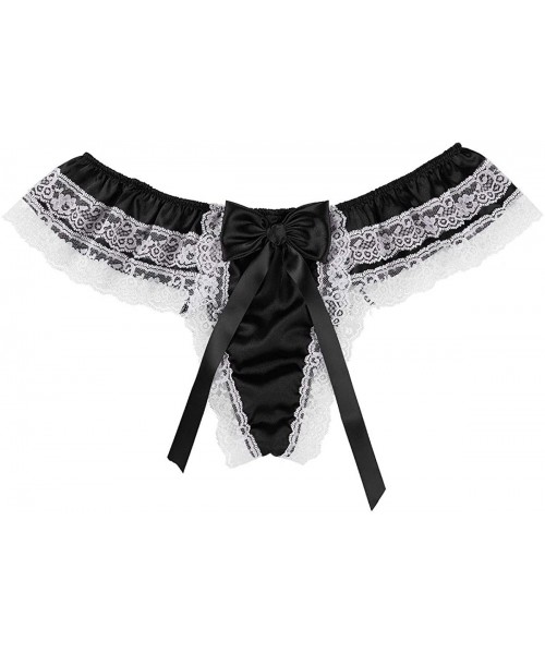 G-Strings & Thongs Men Lace Sissy Satin Panties Lace Frilly Skirted Thong Low Rise Underwear - Black - CC18S396ZR7