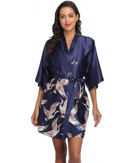 Robes Women's Short Floral Kimono Bride Bridesmaids Robe with Red-Crowned Crane for Wedding Party Robe - Navy - C3199DQW7H0