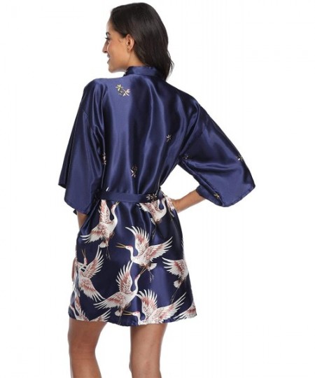 Robes Women's Short Floral Kimono Bride Bridesmaids Robe with Red-Crowned Crane for Wedding Party Robe - Navy - C3199DQW7H0