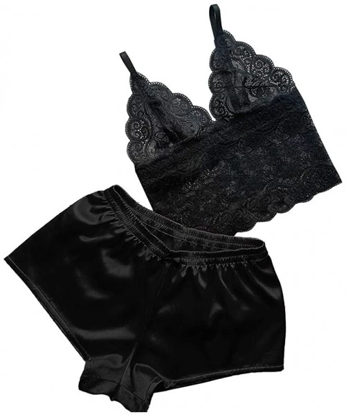 Sets Women Satin Lace V-Neck Camisole Bowknot Shorts Set Sleepwear Pajamas Lingerie - Black - CH193OOG363