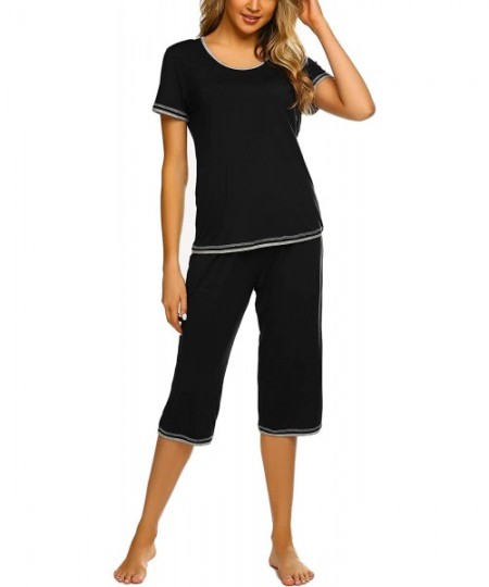 Sets Womens Pajama Sets Sleepwear Short Sleeve Classic Tops with Capri Pjs Set - A-black - CE18RKWIEOI