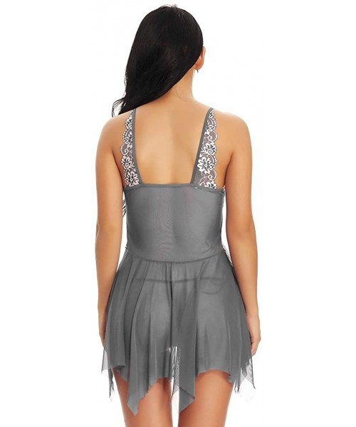 Baby Dolls & Chemises Women Lace Lingerie Front Closure Babydoll V Neck Nightwear Sexy Chemise Nightie - Gray - C11987T9ICZ