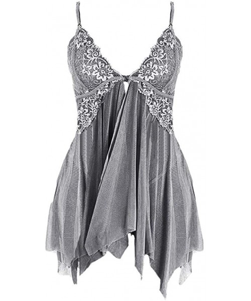 Baby Dolls & Chemises Women Lace Lingerie Front Closure Babydoll V Neck Nightwear Sexy Chemise Nightie - Gray - C11987T9ICZ