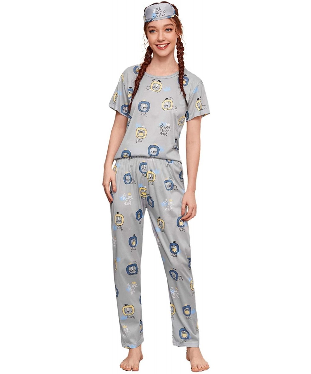 Sets Women's Cartoon Print Short Sleeve Top with Long Pants Two Piece Pajama Sets - Blue - CL198XX2W4C