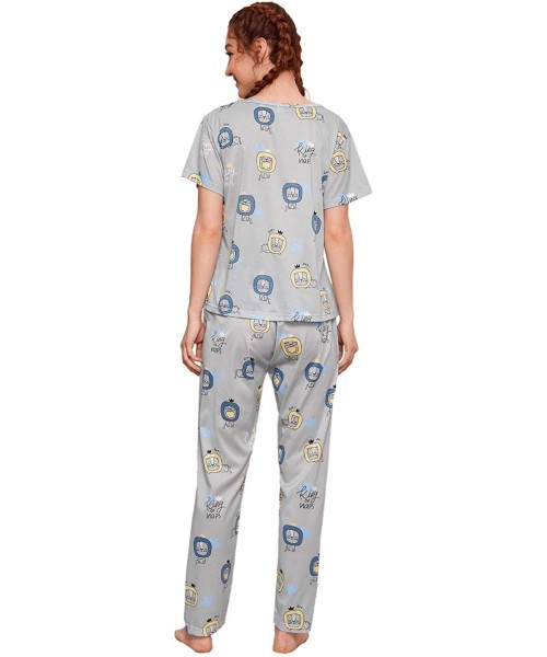 Sets Women's Cartoon Print Short Sleeve Top with Long Pants Two Piece Pajama Sets - Blue - CL198XX2W4C