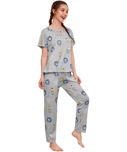 Sets Women's Cartoon Print Short Sleeve Top with Long Pants Two Piece Pajama Sets - Blue - CL198XX2W4C