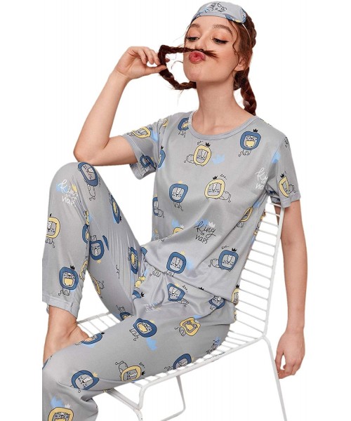 Sets Women's Cartoon Print Short Sleeve Top with Long Pants Two Piece Pajama Sets - Blue - CL198XX2W4C