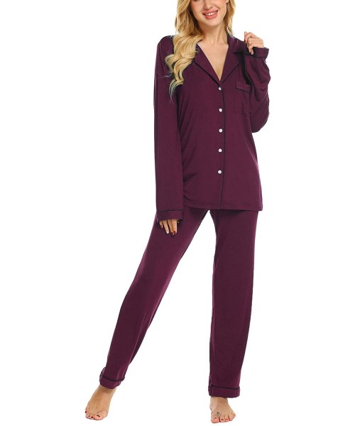 Sets Pajamas Set Long Sleeve Sleepwear Womens Button Down Nightwear Soft Pj Lounge Sets XS-XXL - Cherry Red - CP18R92Y5MO