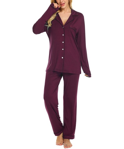 Sets Pajamas Set Long Sleeve Sleepwear Womens Button Down Nightwear Soft Pj Lounge Sets XS-XXL - Cherry Red - CP18R92Y5MO