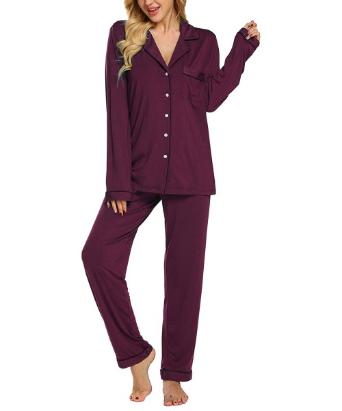 Sets Pajamas Set Long Sleeve Sleepwear Womens Button Down Nightwear Soft Pj Lounge Sets XS-XXL - Cherry Red - CP18R92Y5MO