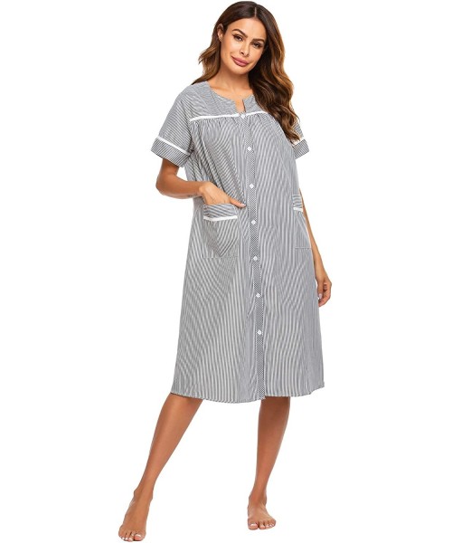 Nightgowns & Sleepshirts Women's Striped Sleepwear Button Down Duster Short Sleeve House Dress Nightgown - Black - CE18WLO7WEU