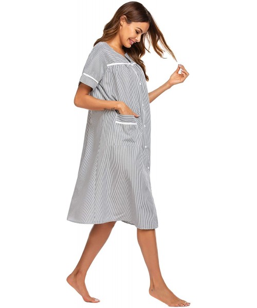 Nightgowns & Sleepshirts Women's Striped Sleepwear Button Down Duster Short Sleeve House Dress Nightgown - Black - CE18WLO7WEU