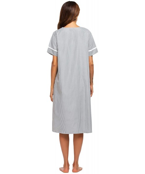 Nightgowns & Sleepshirts Women's Striped Sleepwear Button Down Duster Short Sleeve House Dress Nightgown - Black - CE18WLO7WEU