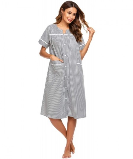 Nightgowns & Sleepshirts Women's Striped Sleepwear Button Down Duster Short Sleeve House Dress Nightgown - Black - CE18WLO7WEU