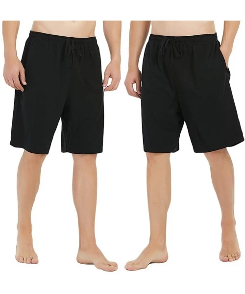 Sleep Bottoms Mens Cotton Pajama Shorts- Lightweight Lounge Pant with Pockets Soft Sleep Pj Shorts for Men - Black/Black - C1...