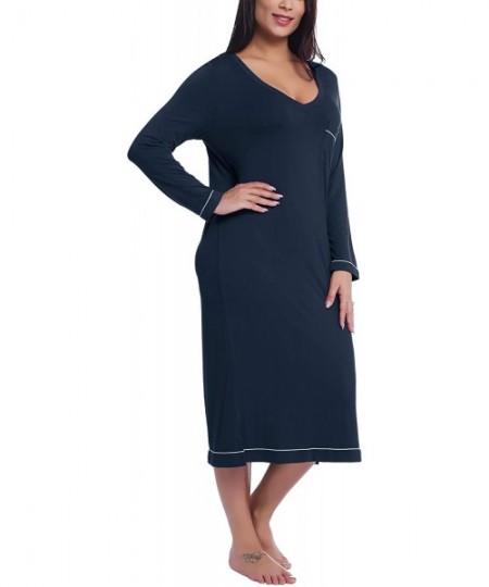 Nightgowns & Sleepshirts Womens Soft Bamboo Long Sleeve V-Neck Nightgown Night Shirt Sleep Dress - Navy Blue - CP18ZKO9OU5