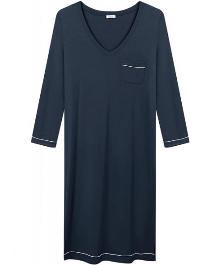 Nightgowns & Sleepshirts Womens Soft Bamboo Long Sleeve V-Neck Nightgown Night Shirt Sleep Dress - Navy Blue - CP18ZKO9OU5