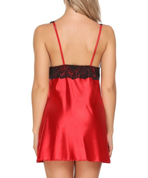 Baby Dolls & Chemises Women Lingerie Satin Nightgown Lace Babydoll Chemise V Neck Sleepwear - Style 3-red - CN18KR6SR5Y