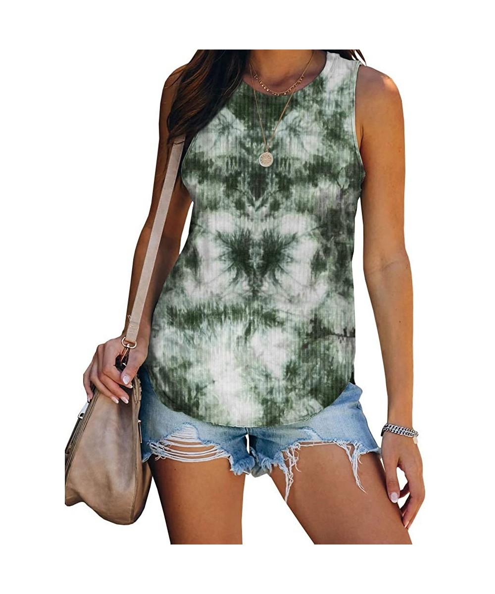 Tops Womens Tie Dye Tank Tops Racerback Casual Round Neck Ribbed Cotton Sleeveless Long Tunic Tops - Army Green - CI198ALIN45