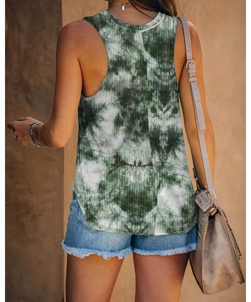 Tops Womens Tie Dye Tank Tops Racerback Casual Round Neck Ribbed Cotton Sleeveless Long Tunic Tops - Army Green - CI198ALIN45