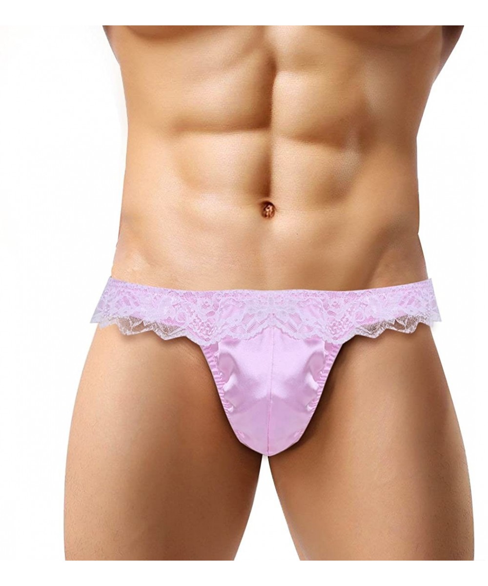 Mens Shiny Frilly Satin Lace Ruffle Sissy Pouch Panties Crossdress G String Thongs Pink