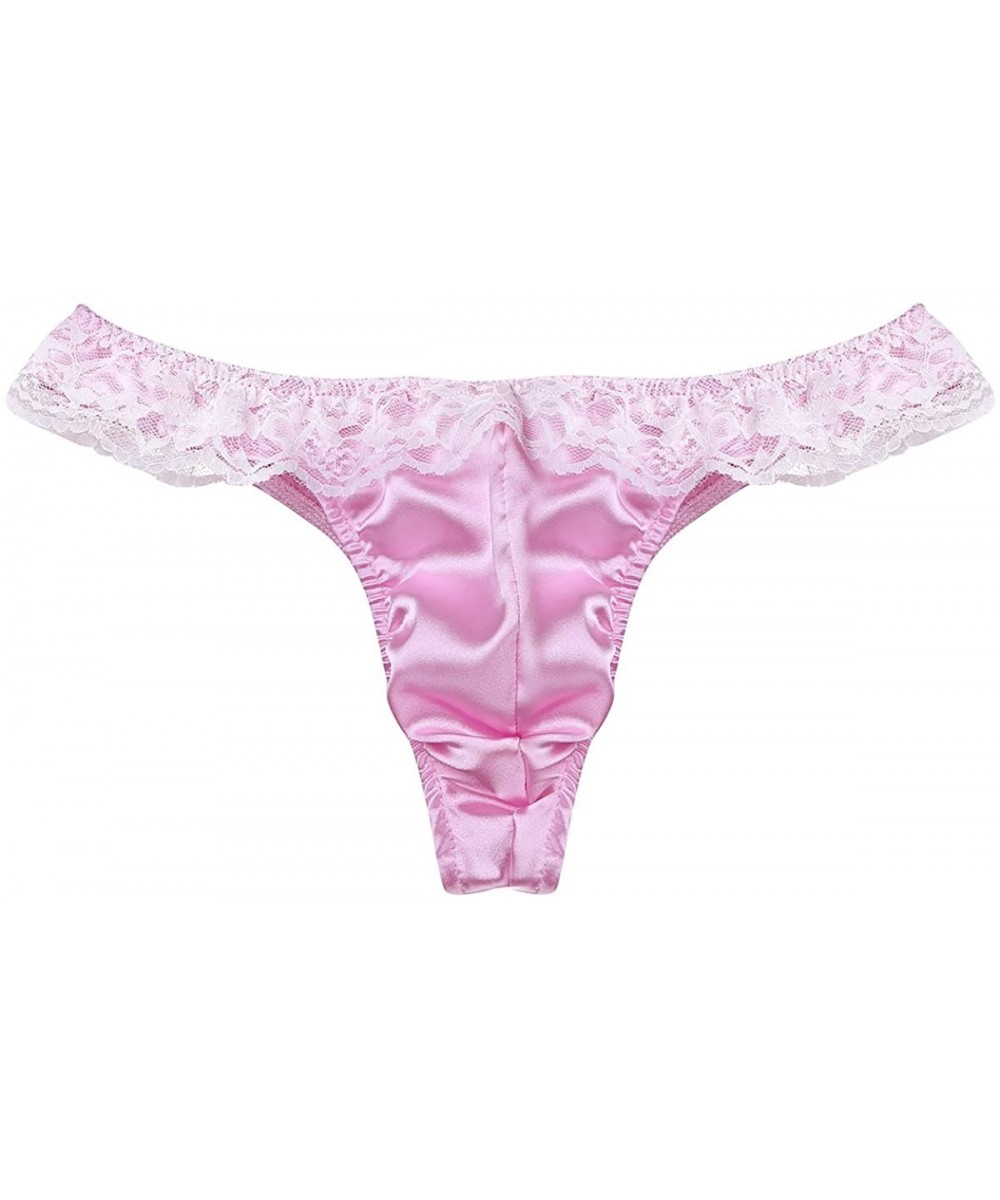 Mens Shiny Frilly Satin Lace Ruffle Sissy Pouch Panties Crossdress G String Thongs Pink 8941