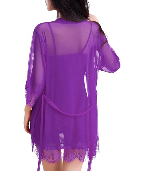 Baby Dolls & Chemises Women's Lingerie Nightgown Babydoll Sleepwear Lace Chemise Thong and Robe - Violet - CU18LADXWGA