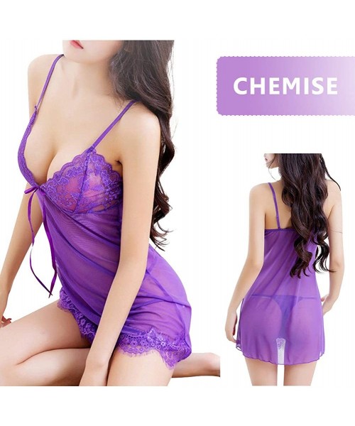 Baby Dolls & Chemises Women's Lingerie Nightgown Babydoll Sleepwear Lace Chemise Thong and Robe - Violet - CU18LADXWGA