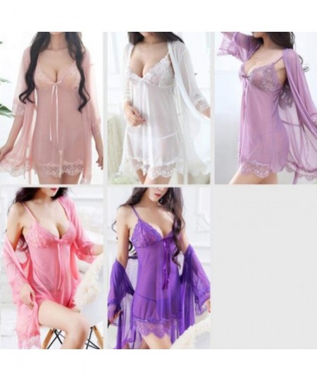 Baby Dolls & Chemises Women's Lingerie Nightgown Babydoll Sleepwear Lace Chemise Thong and Robe - Violet - CU18LADXWGA