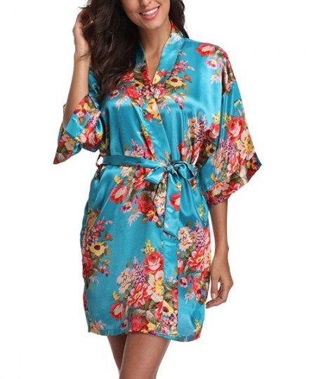 Robes Floral Satin Kimono Robes for Women Short Bridesmaid and Bride Robe for Wedding Party - Blue - C7180KRCY8E