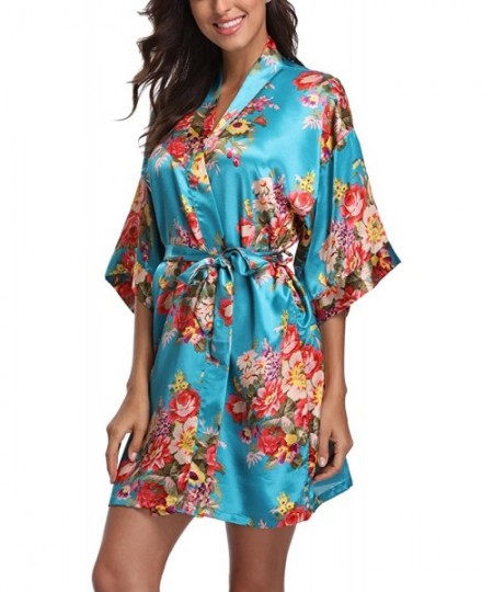 Robes Floral Satin Kimono Robes for Women Short Bridesmaid and Bride Robe for Wedding Party - Blue - C7180KRCY8E