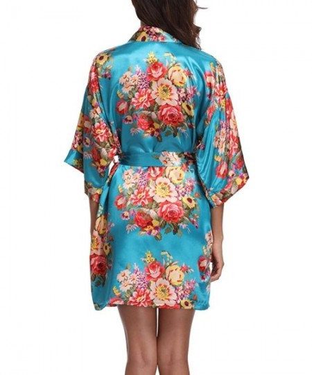 Robes Floral Satin Kimono Robes for Women Short Bridesmaid and Bride Robe for Wedding Party - Blue - C7180KRCY8E