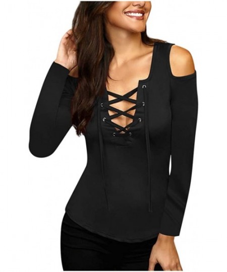 Bras Women Strap Blouse Sexy Lace Up V-Neck Off Shoulder Long Sleeve Shirt Tops Tunics - Black - CT193GNNOKX