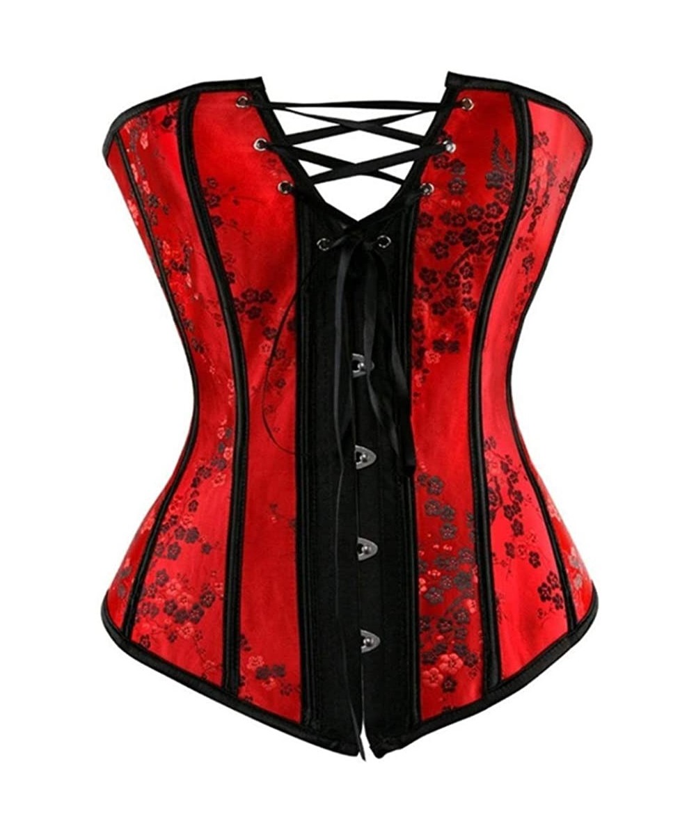 Bustiers & Corsets Women Plus Size Lace up Corset Overbust G-String Top Corset Plastic Boned-C232 - Red - CB190ORZ2AS