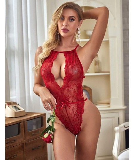 Baby Dolls & Chemises Lingerie for Women Teddy One Piece Lace Babydoll Bodysuit - Wine Red - CH12MXXRDPB