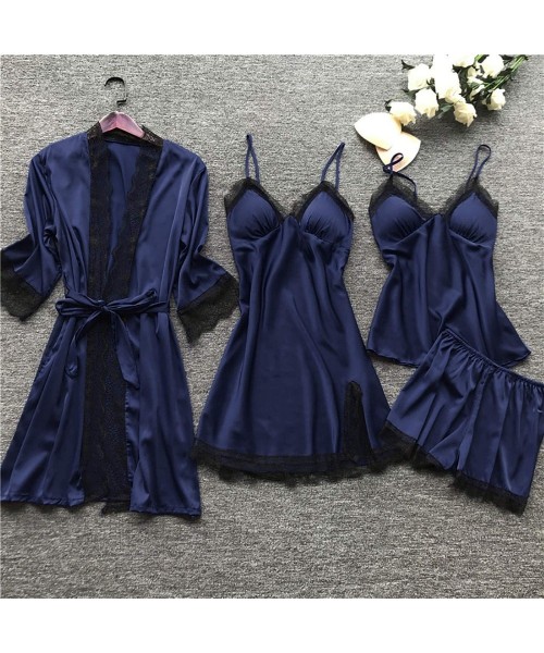 Sets Women Pajamas Sets Satin Sleepwear Silk 4 Pieces Nightwear Pyjama Spaghetti Strap Lace Sleep Lounge Pijama 4 Pcs - CX190...