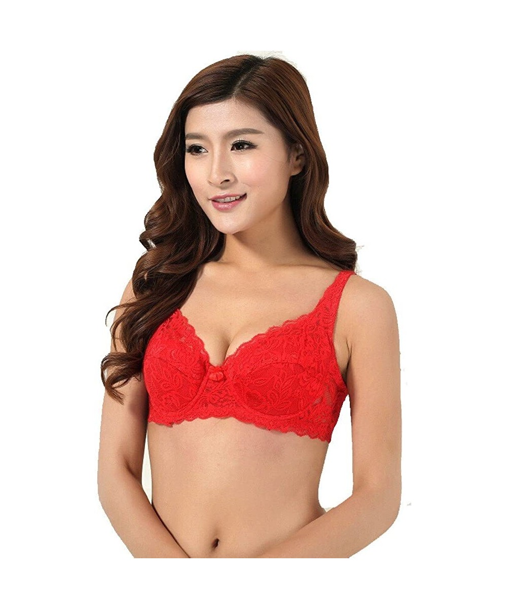 Bras Sexy Bras Women Push Up Deep V Ultrathin Underwire Padded Lace Brassiere Bra - Red - C018O894MGR