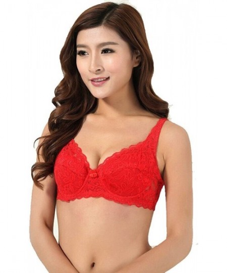 Bras Sexy Bras Women Push Up Deep V Ultrathin Underwire Padded Lace Brassiere Bra - Red - C018O894MGR