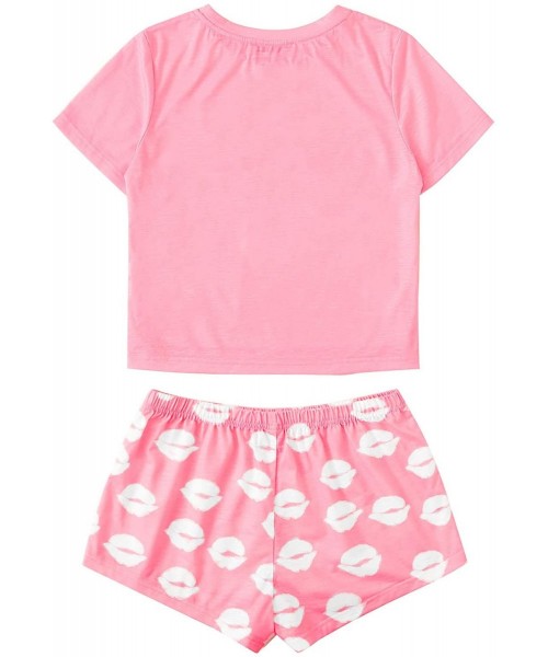 Sets Women's Sleepwear Face Print Top and Red Lip Shorts Pajama Set - Pink - CI18WQXCE3R